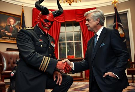 general satan in an immaculate military dress uniform posing for photo shaking hands with president clinton of the united states in sharp suit inside the oval office, real photograph,  dark empty eyes, lovecraftian, photorealistic, correct hands, correct fingers, presidential seal, vote button, campaign photo, election,  woman kneeling with mouth full