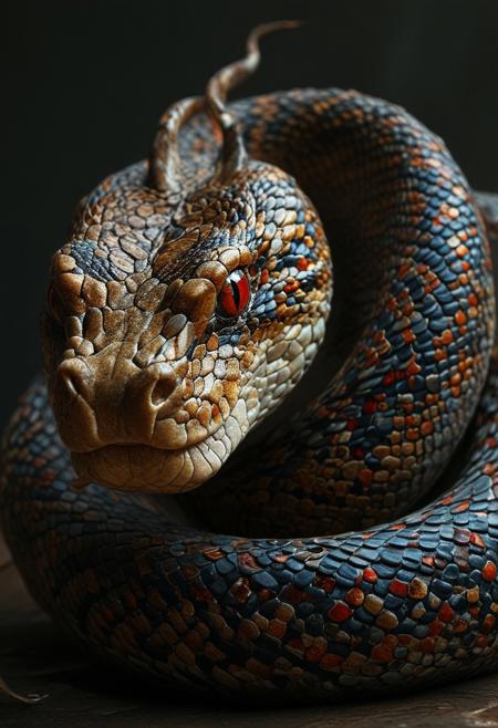 apture a photo-realistic image of a snake with dragon horns, no legs, adorned with black scales featuring intricate red and gold patterning. The snake should have colorful, beautiful eyes and be depicted in a dynamic full-body pose. Utilize cinematic lighting with Rembrandt lighting techniques to create depth and drama in the image. Incorporate volumetric lighting to enhance the atmosphere around the snake. The photograph should be taken with an aperture of F/2.8 to create a shallow depth of field and focus attention on the subject. Ensure maximum detail and ultra-realism in the rendering. The snake should be centered in the frame, commanding attention and exuding beauty and majesty. The overall composition should be visually captivating and show, ((Antro)), ((furry)),ase the intricate details of the snake's scales and horns.
(Dramatic Lighting, Photography, 3D Illustration, Vibrant Colors, Exquisite Detail, Award Winning, Stunning)  <lora:MJ52:0.5> epiCPhoto