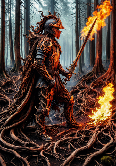 masterpiece, cinematic realism, intense lighting, 8k, highly detailed, fantasy epic, dynamic atmosphere
(ash armor), (burned bark), (glowing cracks), ember eyes, (flame sword), (root crest), charred cloak, heavy gauntlets, (moss smolders), rooted boots, broken shield, scarred face, battle marks, bark trim, earthy tones, flame aura, cracked helmet, dark eyes, iron limbs, smoke trail, wooden core, strong build, silent focus, ash breath, deep stare, rooted stance, forest sigils, ember tattoo, layered plating
charging forward, slashing root, armor blazing, (fire trailing), stomping ground, (breaking roots), eyes burning, fast motion, cloak rising, deep swing
(charred battlefield), glowing embers, (smoking trees), twisted ash, (root bones), red fog, scorched ground, fallen giants, twilight fire, molten stone, (decayed forest), red horizon, ruin storm <lora:tree roots_0_100_V1:1>