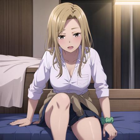 best quality, (masterpiece:1.2), highly detailed, bed, indoors, night,
1girl, <lora:chara_HigeHiro_YuukiAsami_v1:0.8>, yuuki asami,
looking at the viewer, slight smile, open mouth, gyaru
brown eyes, blonde hair, long hair, dark skin, school uniform, wrist scrunchie, sweater around waist, pleated skirt