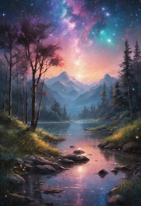 nature photo, landscape, starry sky, canvas, oil, natural colors, by Ross Tran