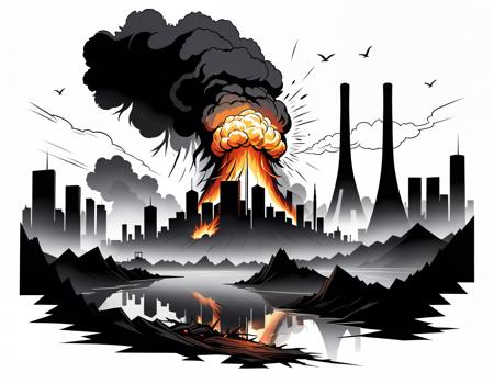 line art drawing Tattoo artwork the end of the world, burning destroyed city after nuclear blast . professional, sleek, modern, minimalist, graphic, line art, vector graphics
