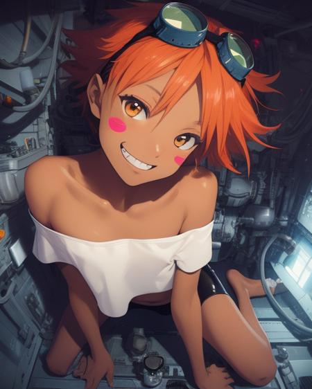 Edward,  tan skin, tomboy, midriff, orange hair, (white loose shirt), off shoulder, spiked hair, barefoot, bike shorts, brown eyes, goggles on head, blush stickers, grin,  
space station, engine room, 
 (insanely detailed, beautiful detailed face, masterpiece, best quality)  volumetric lighting, best quality, masterpiece, intricate details, tonemapping, sharp focus, hyper detailed <lora:Edward-06:0.8>