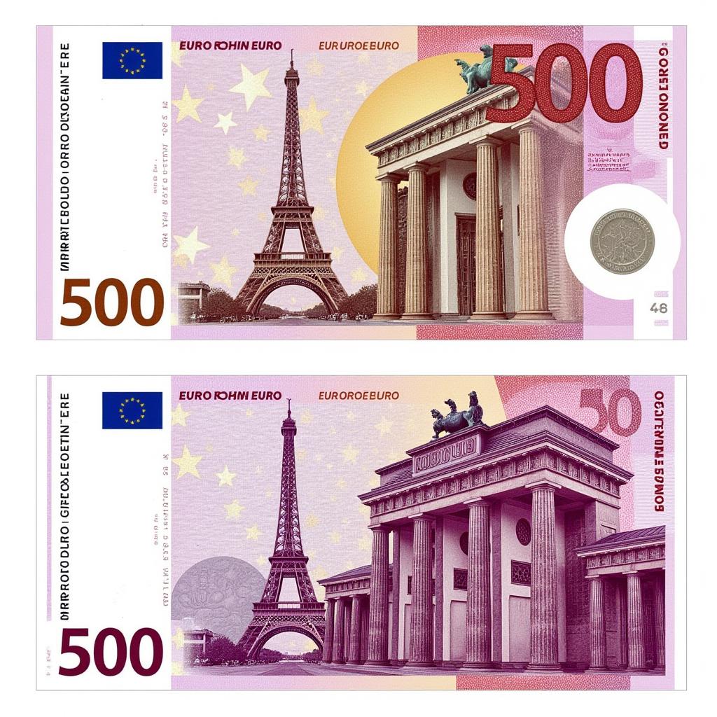 <lora:m0n3y_02F1D-000011:1.0>,m0n3y style, a front and back side view, of a 500 euro denomination, with portrait of Eiffel Tower on the front, with the word '500' on the corners, while on the backside a drawing of (Brandenburg Gate), mauve and purple ink artwork, words '500 EURO' at the top, ornate design, intricately detailed, close-up view, realistic, hyperrealism,