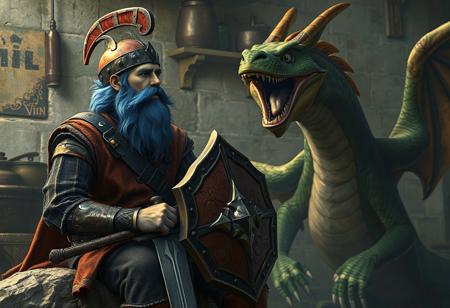 Ivaldi the smith, blue beard, red helm, sword & shield, seated on rock, gazing right. Alert green/brown dragonmaid, roaring. Kitchen Dragonmaid backdrop. Hyperdetailed face, eyes, clothes. Trending on Artstation, Raphael style, Octane render, Unreal Engine 5, Splash Ink Illustration, Matte painting, Mark Ryden, Stephan Martiniere, Johanna Rupprecht, WLOP, Andrew Wyeth, Gerald Brom, John Singer Sargent, James Gurney. 4k, CGSociety, Golden Ratio.