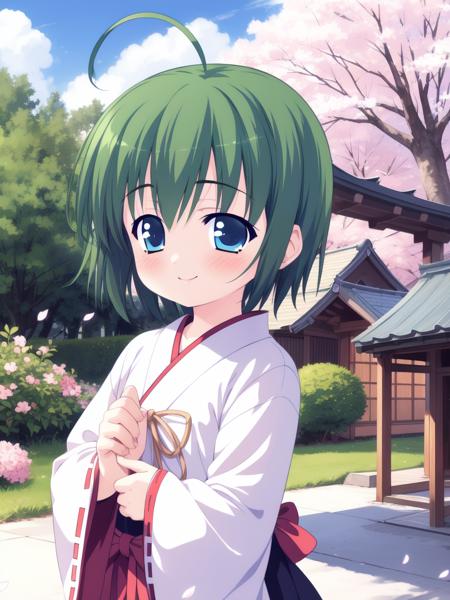 <lora:SakurazawaKeito:0.8>,SakurazawaKeito,  green hair, blue eyes, short hair, ahoge, 1boy, soro, smile, blush, child,
japanese white clothes, miko, red hakama, shrine, cherry blossom,
 masterpiece, high quality, very_high_resolution, large_filesize, full color,