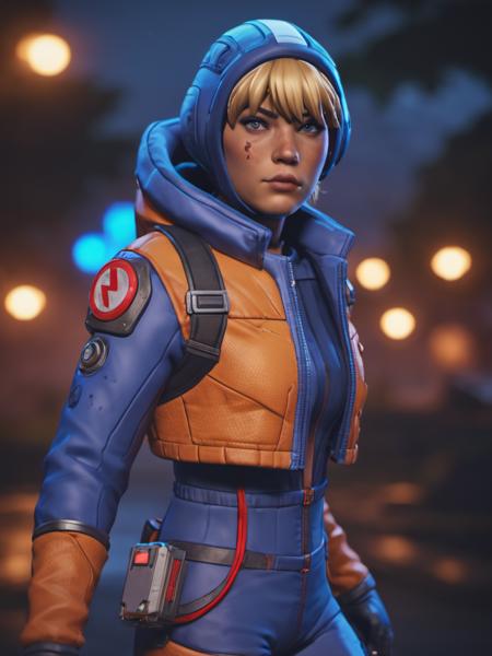 Neon noir night time portrait of full body wattson (apex legends) woman (running:1.5), surrounded by electricity and lightning, high quality, clear focus, blonde hair, bangs, fringe detailed, blue headwear, woods background,ring light, flash photography,  dark moody lighting, sharp contrast    <lora:Watts0n-000018:0.6> <lora:offset_0.2:1> . Cyberpunk, dark, rainy streets, neon signs, high contrast, low light, vibrant, highly detailed