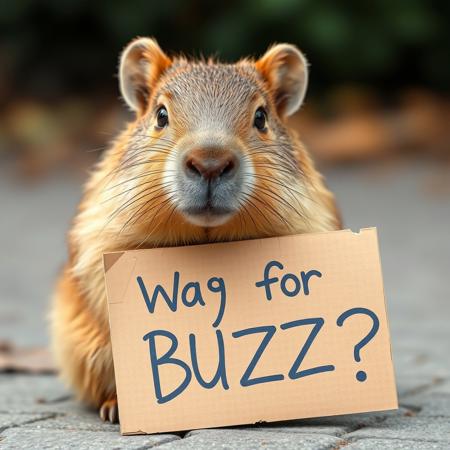 A cute capybara has a cardboard piece with a message asking for BUZZ