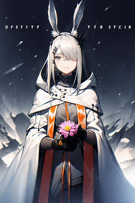 masterpiece, best quality,   <lora:frostnova:1>,
1girl, animal ears, gloves, rabbit ears, holding, black gloves, long hair, flower, hair over one eye, holding flower, scar, cloak, scar on face, grey hair, multiple others, hood, grey eyes, scar on nose, hair ornament, hairclip, coat, english text, cowboy shot, fog, solo focus, hood up, bangs, looking at viewer, 6+others, wind, dress, hooded cloak, white cape, jacket