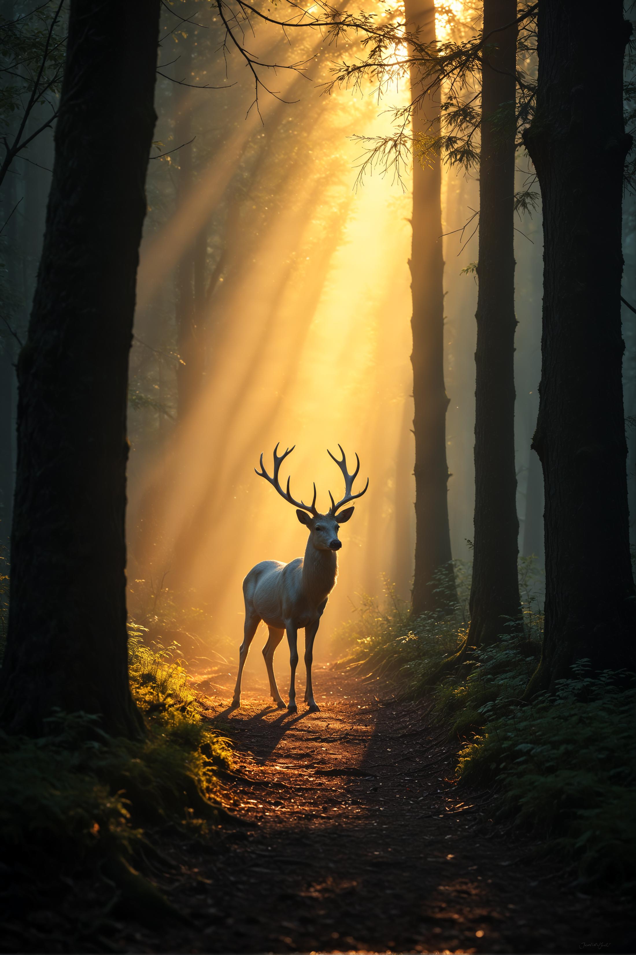 A ray of sunlight illuminated the dark forest, golden light piercing through the dense canopy and casting on the winding path. A male white deer stood quietly in this mysterious place.antler