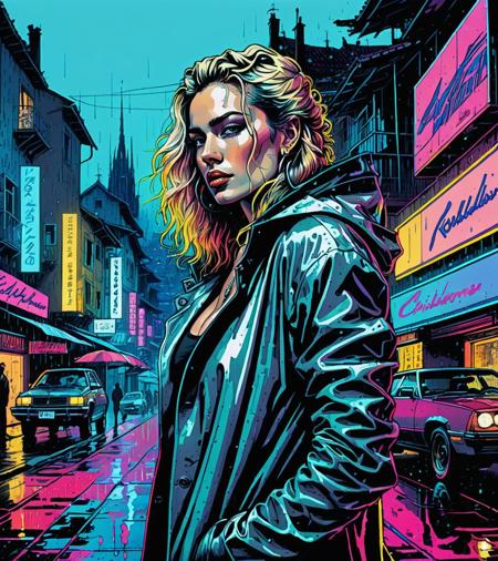 (Courtney Tailor,a girl with a beautiful face), nighttime, cyberpunk city, dark, raining, neon lights, ((Wearing a blazer over a hoodie)), blazer, hoodie,(cyberpunk 2077 cityscape), (<lora:DFunk_SDXL:0.5> ), cyberpunk 2077, cyberpunk, synthwave, 1980s, futurism, brutalism, neuromancer, cinematic photo,, Background is stunning 17th century european village scenery, detailed and intricate environment, oil painting, palette knife soft brushstrokes, heavy strokes, dripping paint, art station on trend, sharp focus, intricate details, highly detailed,analog, the contrast in colors and textures should be distinct highly detailed, surreal, vibrant yet slightly desaturated, faded film, desaturated, 35mm photo, grainy, vignette, vintage, Kodachrome, Lomography, stained, highly detailed, found footage,Pastels, Chiaroscuro,art by enki bilal, art by philippe druillet, art by moebius, inspired by french comics art