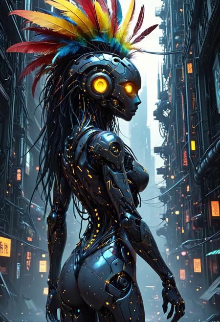 A vibrant, cyberpunk-inspired humanoid figure stands in an urban setting. The figure has a striking, multicolored mask with geometric patterns and large, glowing eyes that emit a soft light. The mask features intricate designs in shades of blue, yellow, red, and white, giving it an otherworldly appearance. The figure's body is adorned with a patchwork of metallic plates and panels, creating a textured, industrial aesthetic. Long, dark hair cascades down its back, complemented by colorful feathers that extend from the headpiece, adding to the futuristic, tribal look. The background hints at a modern cityscape with tall buildings and reflective surfaces, enhancing the cyberpunk atmosphere, mobe-cybideen, DonMM4ch1n3W0rldXL,