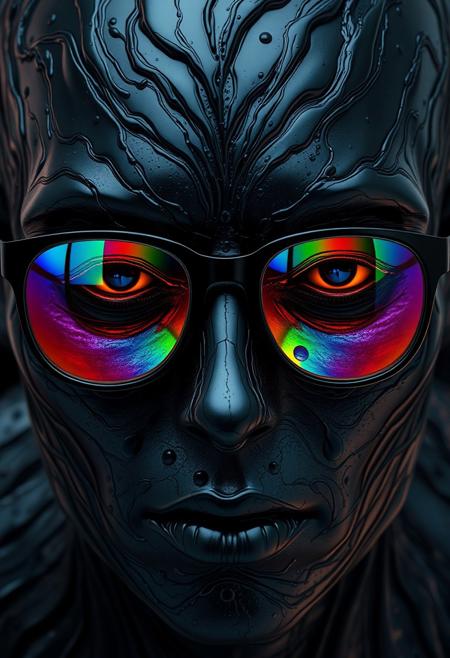 "Create a hyper-realistic image of a face composed of oil spill, with a dark, viscous texture and a mesmerizing iridescence. The face is intricately detailed, with every ripple and imperfection visible. The oil seems to shift and flow like a liquid, as if it's still moving. The face is wearing a pair of glasses with Holographic colored lenses, which shimmer and glow with a rainbow of colors. The lenses seem to shift and change as the viewer looks at them, creating a dizzying, holographic effect. The overall effect is one of eerie, futuristic beauty." highest-Quality, 8 k, intricate details, visually stunning, Masterpiece
