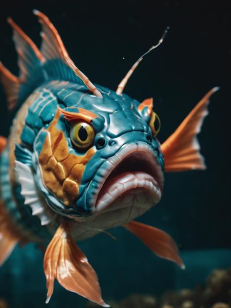 mid shot portrait photo of a goldfish Gyarados hybrid, cinematic halloween LUT