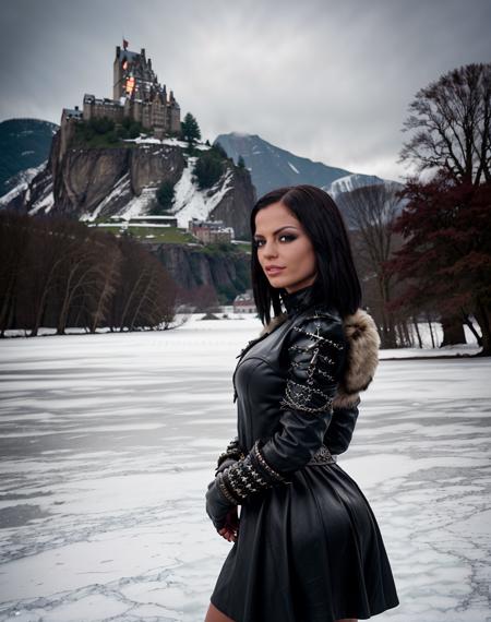 cinematic photo <lora:quiron_BlackAngelika_v1_Lora:0.87> BlackAngelikaQuiron woman     Dressed in the (style of High Fantasy Shaman ) (with Icebound Castle in the background and accompanied by a Whispering Oak),  Standing with one foot in front of the other, . 35mm photograph, film, bokeh, professional, 4k, highly detailed