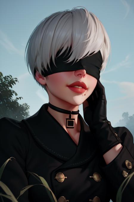 Yorha white hair,black blindfold ,short hair,black choker,covered eyes,lips,mole under mouth, 
upper body, smile,
 Ygear, black gloves,long sleeves ,black footwear, black shorts, black socks,black jacket,buttons, 
deserted school yard, fog, grass, 
(insanely detailed, beautiful detailed face, masterpiece, best quality)
 <lora:Yorha9s:0.7>