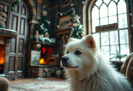 score_9, score_8_up,score_7_up, score_6_up, score_5_up, score_4_up,
best quality, masterpiece, highres, soft lighting,atmospheric lighting, 8K,
large, stone castle,inside,living room with fireplace,stone fireplace
,(window),,((((large closed window)))),(morning light coming in),
Outside the window Snow is falling,it's snowing, (a lot of snow),(forest), 
super cute, close up, dynamic angle
,A white fluffy dog by a christmas tree, (((nearby lies sign saying "profandub")))
,A white fluffy dog by a christmas tree, (((nearby lies sign saying "profandub")))
,A white fluffy dog by a christmas tree, (((nearby lies sign saying "profandub")))
,A white fluffy dog by a christmas tree, (((nearby lies sign saying "profandub")))