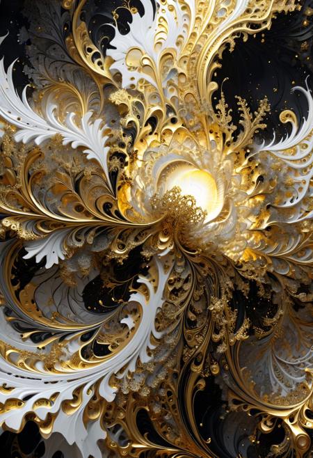 a highly detailed epic cinematic concept art, divine scene, Fractal-inspired abstract painting featuring intricate patterns in a black-white-gold color palette. embrace asymmetry, enchanted ambiance, imaginative artwork, masterpiece, illustration, highly detailed artwork, cinematic, hyper realistic painting, dynamic lighting,  cinematic volume, inner glowing aura, global illumination, ray tracing, hdr, style-swirlmagic