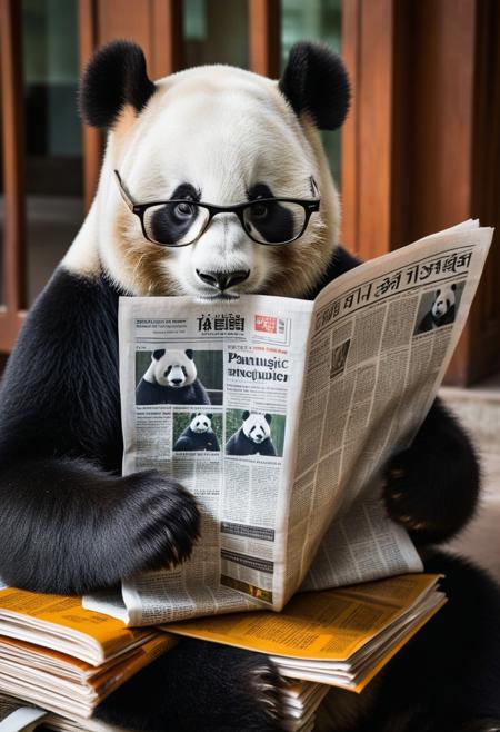 pov, ( Panda wearing glasses), (no humans),The pannda sat reading the newspaper with its eyes on, majestic, focused, profound, sharp, amber, intelligent, powerful, gentle, elegant, arched, leisurely, majestic, powerful, extremly detailed
