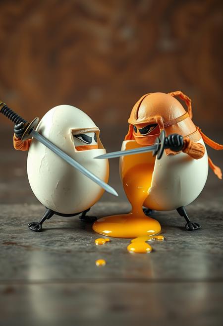 Anamorphic eggs, Ninja eggs, in battle, a scene where two eggs are sword fighting, one egg has been sliced and is leaking egg yolk,