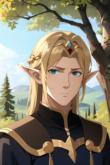 outdoors, woods, trees,
solo, 1boy, male focus, blonde hair, long hair, green eyes, pointy ears, circlet, elf, upper body, looking at viewer, manly, tiara, closed mouth, blue robes, portrait
, ((masterpiece))
<lora:western_animation_style:1>