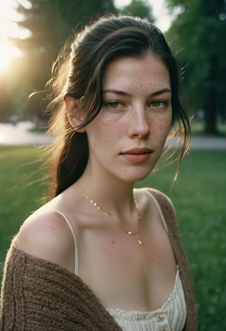 Grainy lowfi desaturated film photograph taken in a city park at dusk. Heavy Bokeh effect with focus on her green eyes, blurry background. A pretty young woman of northern Italian heritage wraps her brown cardigan around her bare shoulders. Goosebumps on a bare exposed shoulder. She wears the cardigan over a little summer sun dress and is chilly as the cool wind blows loose stands off her long black hair in her eyes. Tight ponytail. Fine Delicate thin gold chain necklace. She resembles Liv Tyler. The setting sun casts soft light into her eyes. Full soft cheeks and softer jawline, soft rounder face with the lightest freckles.