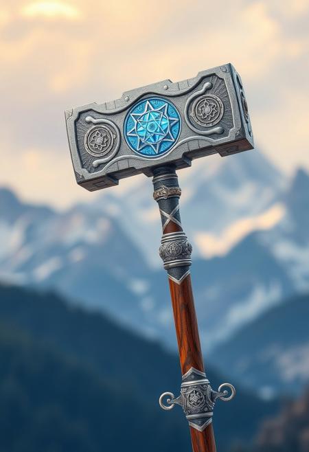 A fabulous Dwarven war hammer, bluish highlights sparking within its silver head, with arcane dwarven symbols etched into its side. It has a long highly polished oak haft with an intricate silver pommel, the rich grain showing through and elaborate scrollwork along its length. mountain panorama background, bokeh background
