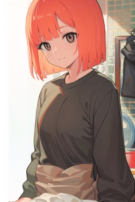 yorumac, <lyco:yorumac-lyco-nochekaiser:1>,
yoru mac, short hair, bangs, (black eyes:1.5), blunt bangs, orange hair, bob cut, smile,
BREAK shirt, long sleeves, pants, sweater, grey pants,
BREAK looking at viewer, full body,
BREAK indoors, kitchen,
BREAK <lyco:GoodHands-beta2:1>, (masterpiece:1.2), best quality, high resolution, unity 8k wallpaper, (illustration:0.8), (beautiful detailed eyes:1.6), extremely detailed face, perfect lighting, extremely detailed CG, (perfect hands, perfect anatomy),