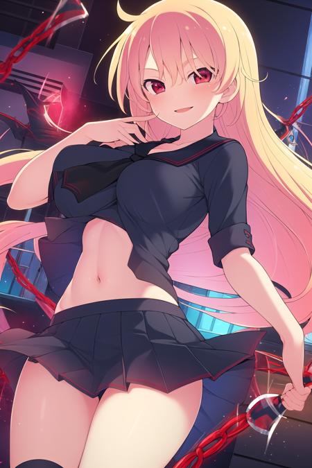 (masterpiece, best quality), highly detailed background, perfect lightingbest quality, <lora:Souji_Senran-Kagura:1>, 1girl, solo, blonde hair, very long hair, red eyes, large breasts, black serafuku, black necktie, navel, black skirt, school uniform, black thighhighs, smile.