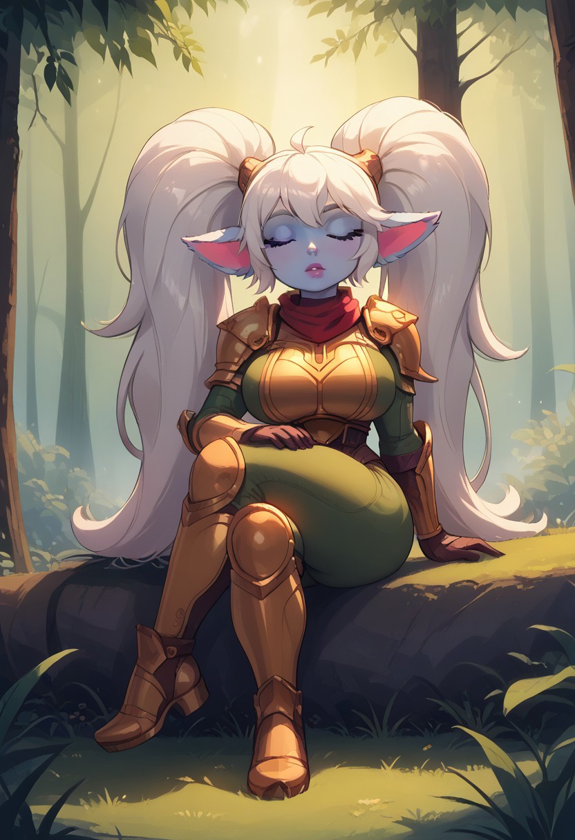 score_9,masterpiece, high quality,ultra detailed eyes,best quality,detailed eyes, beautiful, detailed background, perfect eyes,source_anime, very aesthetic, anime screencap, anime coloring,source_furry,Expressiveh,
1girl,solo,sitting,(sleeping:1.2),zzz,
tall girl,Poppy,lol,yordle,colored skin, blue skin,glossy skin, glossy body,deep skin,white hair,absurdly long hair,twintails,fluffy hair,fluffy ears,purple eyes,toned, long eyelashes,
perfect lips,(curvy:1.1), perfect naturally huge breast,huge thighs, perfect round huge ass,toned ass long legs, perfect ratio proportioned face, curvy shape, hourglass body, perfect waist to hip ratio, perfect female body,(perfect female hands:1.1),(perfect female legs:1.1),
pink lipstick,golden armor, red scarf,green snakeskin shirt, green snakeskin pants, brown boots,
forest,