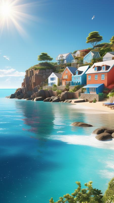 A digital render of a sun-kissed coastal village, where quaint cottages nestle against rocky cliffs, and the azure sea shimmers with reflections of a brilliant sky. An abstract digital render captures the same coastal village, giving it a contemporary twist with stunning 3D modeling and photorealistic rendering techniques.