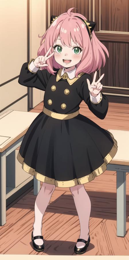 1girl, <lora:Anya_Forger:1> Pink hair, green eyes, smiling expression, blushing cheeks, black dress with white collar, black and gold cat ears headband, indoors, desk, standing, (child:1.5), looking at the viewer, making a peace sign with right hand, open mouth