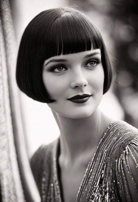 a black and white photo of a seductive woman <lora:louiseB:1.2> louise brooks, light smile, short black hair, bangs (pageboy haircut)