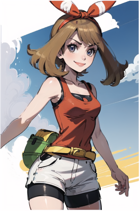 masterpiece, best quality, <lora:MayORASLora:0.7>, may \(pokemon\), smile, 1girl, solo, red shirt, tank top, sleeveless, red hairband, bow hairband, white shorts, bike shorts under shorts, yellow fanny pack,