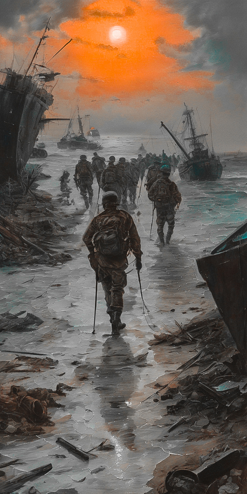 A group of soldiers walking through a flooded area.