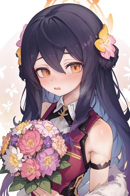 portrait, solo, 1girl, shy, purple hair, very long hair, orange eyes, pink waistcoat, Dahlia \(flower\), floral background <lora:mikozin_style_v01:1>