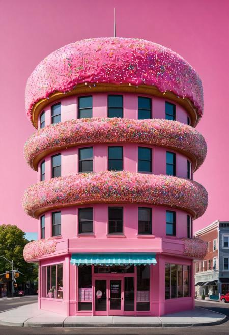 Incredibly Detailed Accurate Portrait Of A Building That Looks Like A Donut, With Pink Frosting And Sprinkles, But Is A BUILDING
