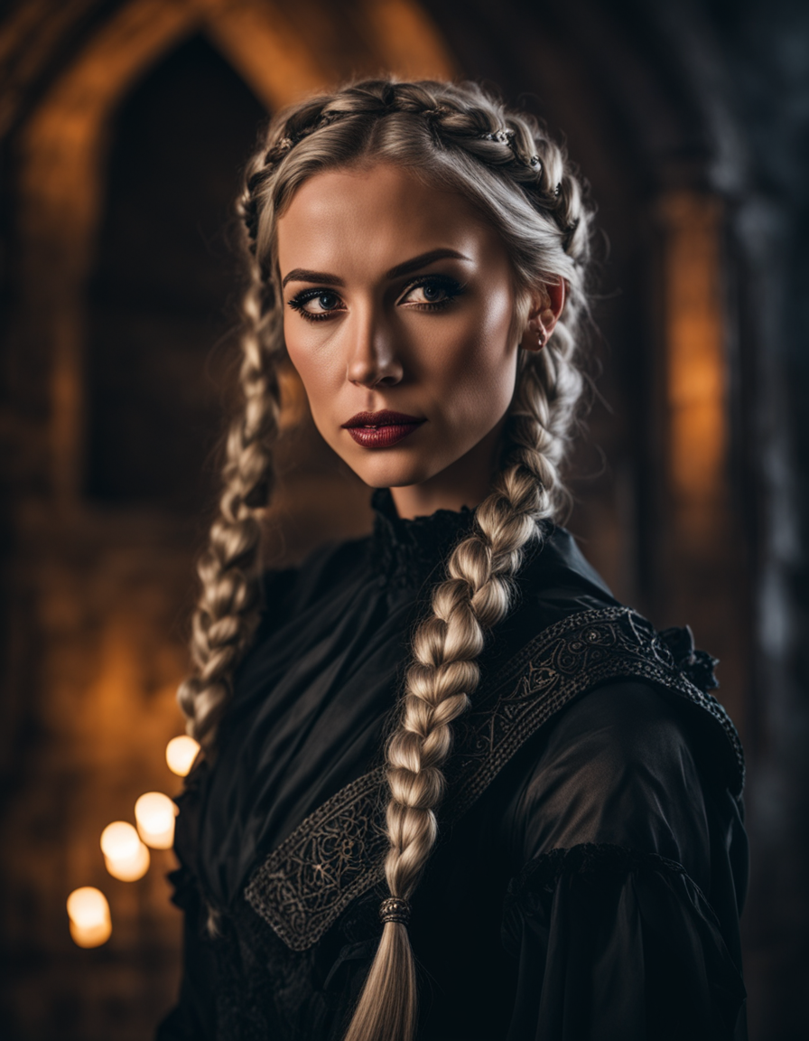 closeup of woman wearing gothic clothes, braided pigtails, in a castle, sharp focus, looking at the night time, Mystical a...