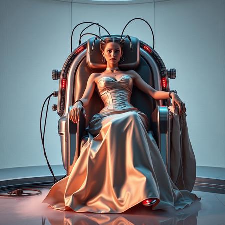A slender, arrogant  rich norvegian bride, reclined in a polished steel chair, dressed in a luxurious, rich fantasy satin wedding gown with a fitted, boned corset accentuating her ultra-thin waist.and a full, flared skirt, paired with satin high heels, orgasm face. The massive electrodes holding her head pressed to the chair headrest,  cabled to a  futuristic superconputer rack. Her hands and ankles are bound to the  chair   by massive steel restraints,   weird fog from the floor. The scene is set in a sterile, empty chamber, with a glossy mother-of-pearl finish, evoking a sense of futuristic dread. Inspired by the cinematic styles of Ridley Scott, Guillermo del Toro, and H.R. Giger, with a blend of sci-fi and horror elements, this full-body portrait is a masterpiece of cinematic storytelling, shot on a virtual v-raptor XL camera, with a warm, film-grained aesthetic, subtle vignette, and rich color grading, reminiscent of 35mm film, with dramatic, atmospheric lighting, inviting the viewer to immerse themselves in this epic, stunning scene.