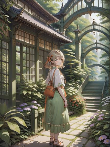 anime 1girl observing botanical garden,