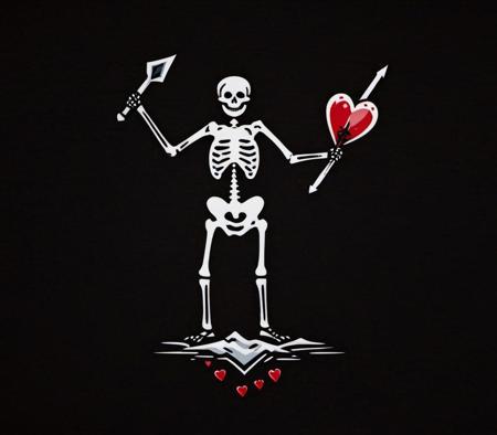 a skeleton holding a spear piercing a heart with three drops of blood, hourglass, black field background, jolly roger