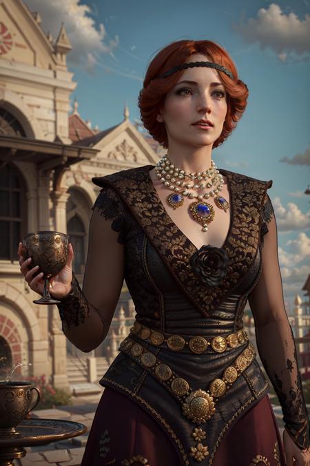 (masterpiece, best quality:1.2), <lora:orianna-18:0.7>, oriannaW3_soul3142, 1girl, solo, short hair, dress, holding, brown eyes, jewelry, red hair, pearl necklace, black dress, cup, lips, looking to the side, headband, holding cup, drinking glass, realistic, day, shadow, sky, clouds