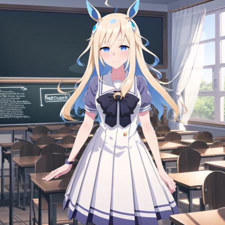 high quality, best quality, masterpiece, absurdres, neo universe, tracen_uniform, 1girl,  <lora:universe-000010:0.85>, solo, classroom, looking_at_viewer, smile, blush