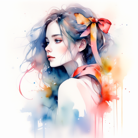 (8k, best quality, masterpiece:1.2),(best quality:1.0), (ultra highres:1.0), watercolor, a beautiful woman, shoulder, hair ribbons, by agnes cecile, half body portrait, extremely luminous bright design, pastel colors, (ink:1.3), autumn lights