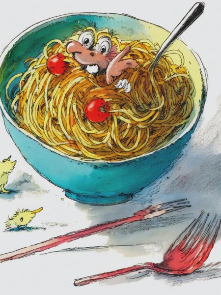 <lyco:QuentinBlake:1.0> a bowl of spaghetti, quentin blake style