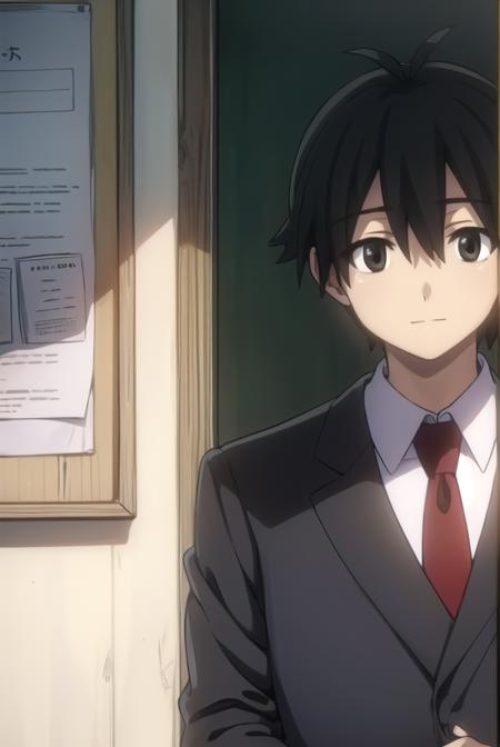 makotoitou, <lora:makoto itou s1-lora-nochekaiser:1>,
makoto itou, black hair, (black eyes:1.5), short hair, smile, smirk, grin,
BREAK school uniform, necktie, formal, suit,
BREAK indoors, classroom,
BREAK looking at viewer, (cowboy shot:1.5),
BREAK <lyco:GoodHands-beta2:1>, (masterpiece:1.2), best quality, high resolution, unity 8k wallpaper, (illustration:0.8), (beautiful detailed eyes:1.6), extremely detailed face, perfect lighting, extremely detailed CG, (perfect hands, perfect anatomy),