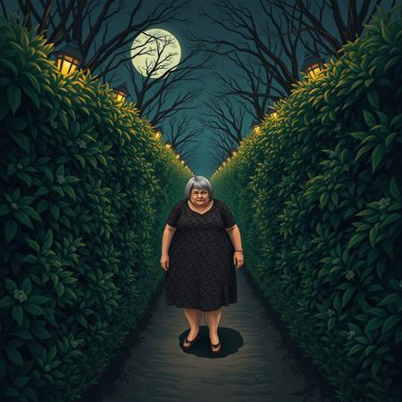 chubby mature woman eerie hedge maze by night  dirt path art style of Ozuma Kaname