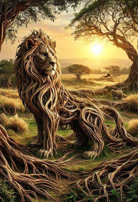 A majestic lion stands proudly in a golden savannah, its thick mane replaced by a cascade of intertwining roots that ripple in the breeze. The roots stretch outward, merging with the tall grasses and acacia trees, uniting the lion with its domain. The setting sun bathes the scene in warm, radiant light, illuminating the lion’s regal form and the intricate root patterns. Morph-treeroots.
