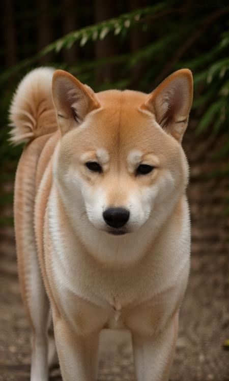 close up photo of a shiba, forest, haze, halation, bloom, dramatic atmosphere, centred, rule of thirds, 200mm 1.4f macro shot,<lora:shiba_v3-000003:0.7>