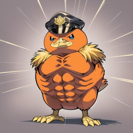 swole torchic, (peaked cap, police hat, hat:1.4), full body, police uniform, depth of field, emphasis_lines
<lora:torchic-09:1> <lora:more_details:0.5>